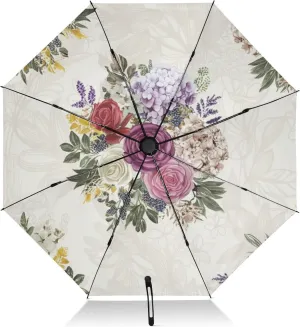 Compact Umbrella, Windproof Travel Umbrella, Automatic Open/close, Compact Size for Women Backpacks/Handbags, Vintage Watercolor Roses