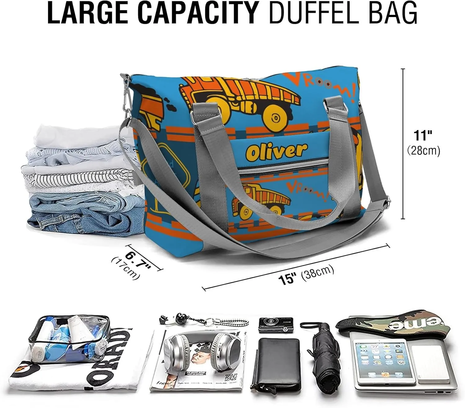 Construction Car Truck Personalized Gym Dance Bag for Girls Boys,Custom Name Sport Duffel Bag Weekender Bags Carry On Travel Duffel Bag