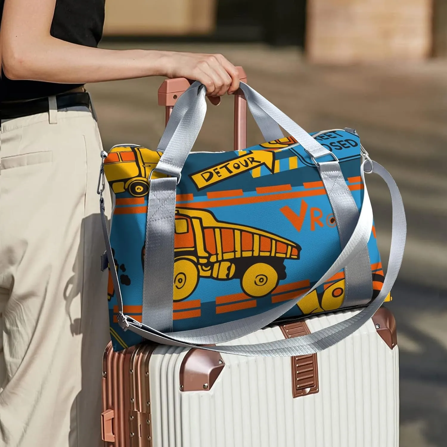 Construction Car Truck Personalized Gym Dance Bag for Girls Boys,Custom Name Sport Duffel Bag Weekender Bags Carry On Travel Duffel Bag