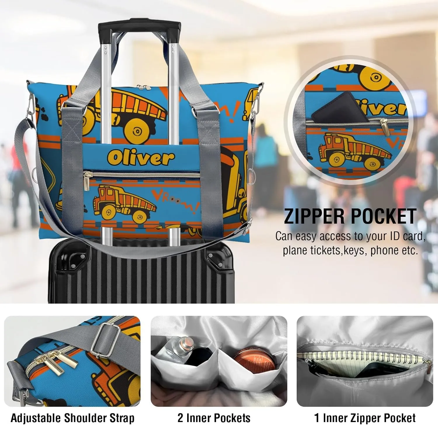 Construction Car Truck Personalized Gym Dance Bag for Girls Boys,Custom Name Sport Duffel Bag Weekender Bags Carry On Travel Duffel Bag