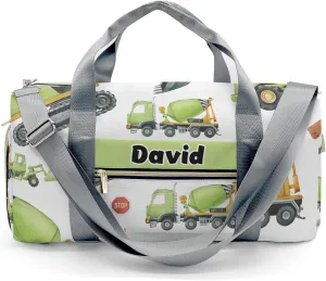 Construction Green Trucks Theme Personalized Gym Dance Bag for Girls Boys,Custom Name Sport Duffel Bag Weekender Bags Carry On Travel Duffel Bag