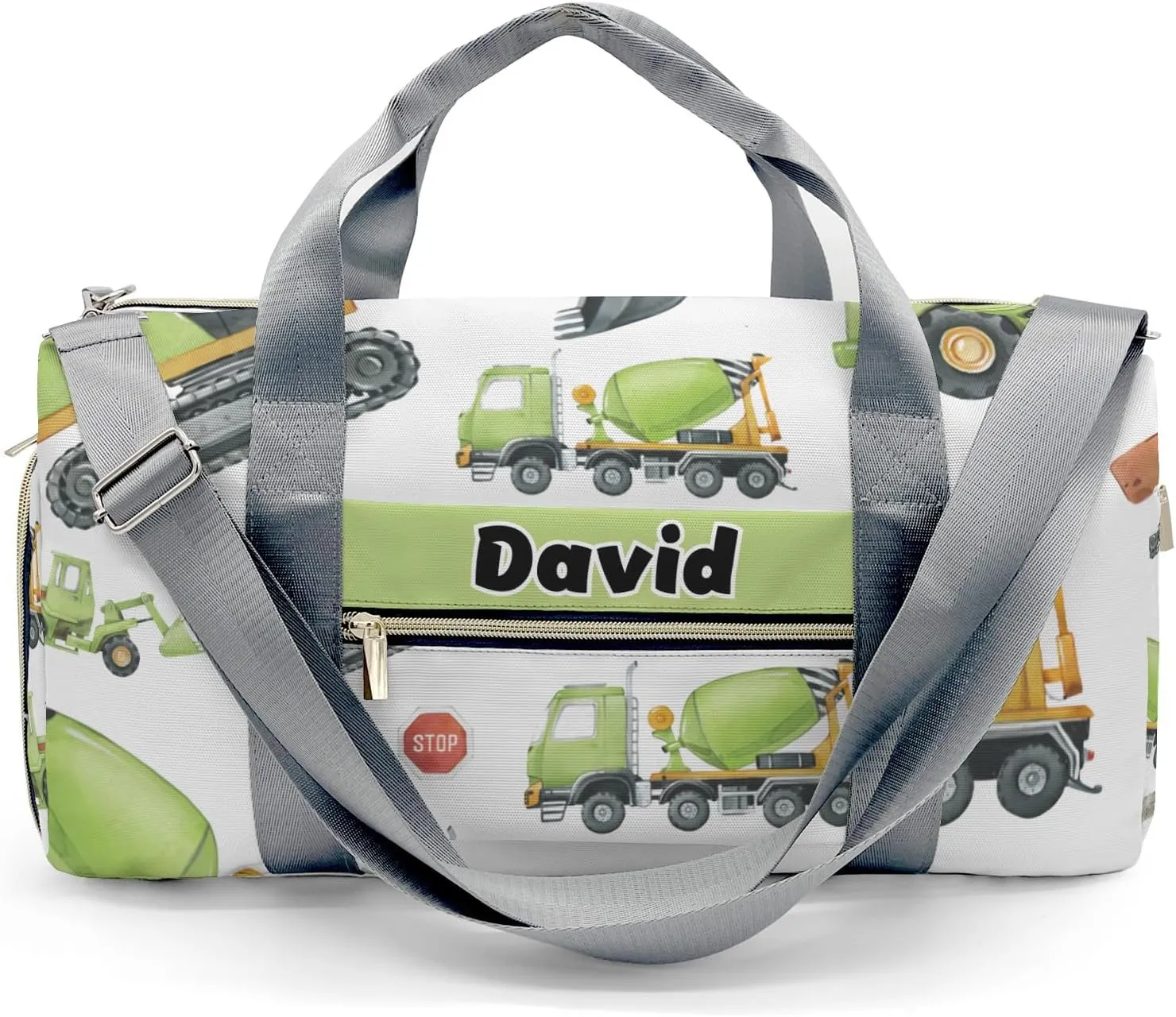 Construction Green Trucks Theme Personalized Gym Dance Bag for Girls Boys,Custom Name Sport Duffel Bag Weekender Bags Carry On Travel Duffel Bag