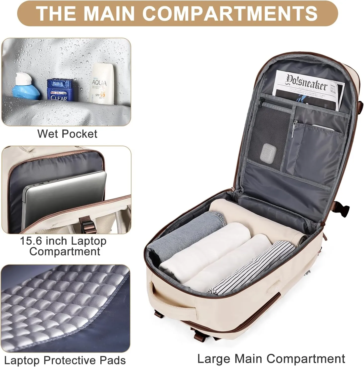 coofay Large Travel Backpack Carry on Flight Approved Mochila De Viaje Personal Item Travel Bag Backpacks for Men Women Carry on Backpack for Airplanes 18x14x8 Inches Travel Bag Beige with Brown
