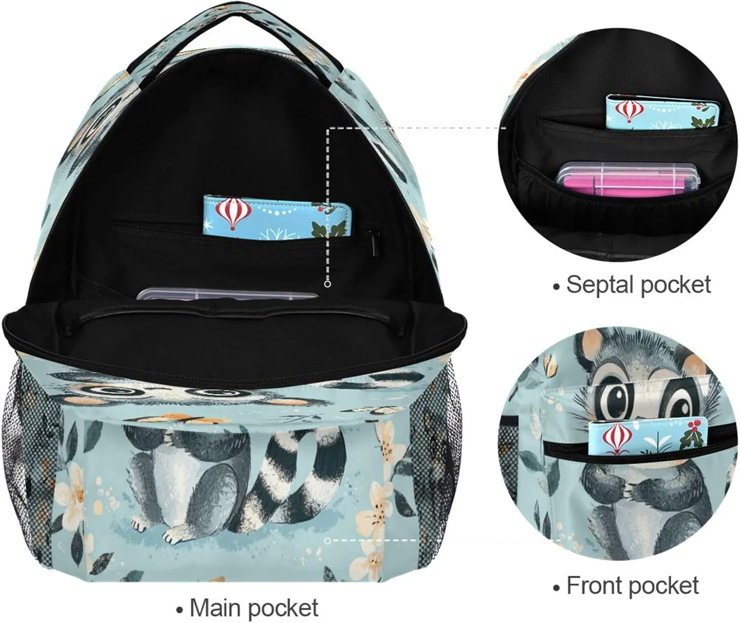 Cool Backpacks for Teenager Fashion Vintage Daypacks with Chest Strap Gift Men & Women Cute Lemur Turquoise