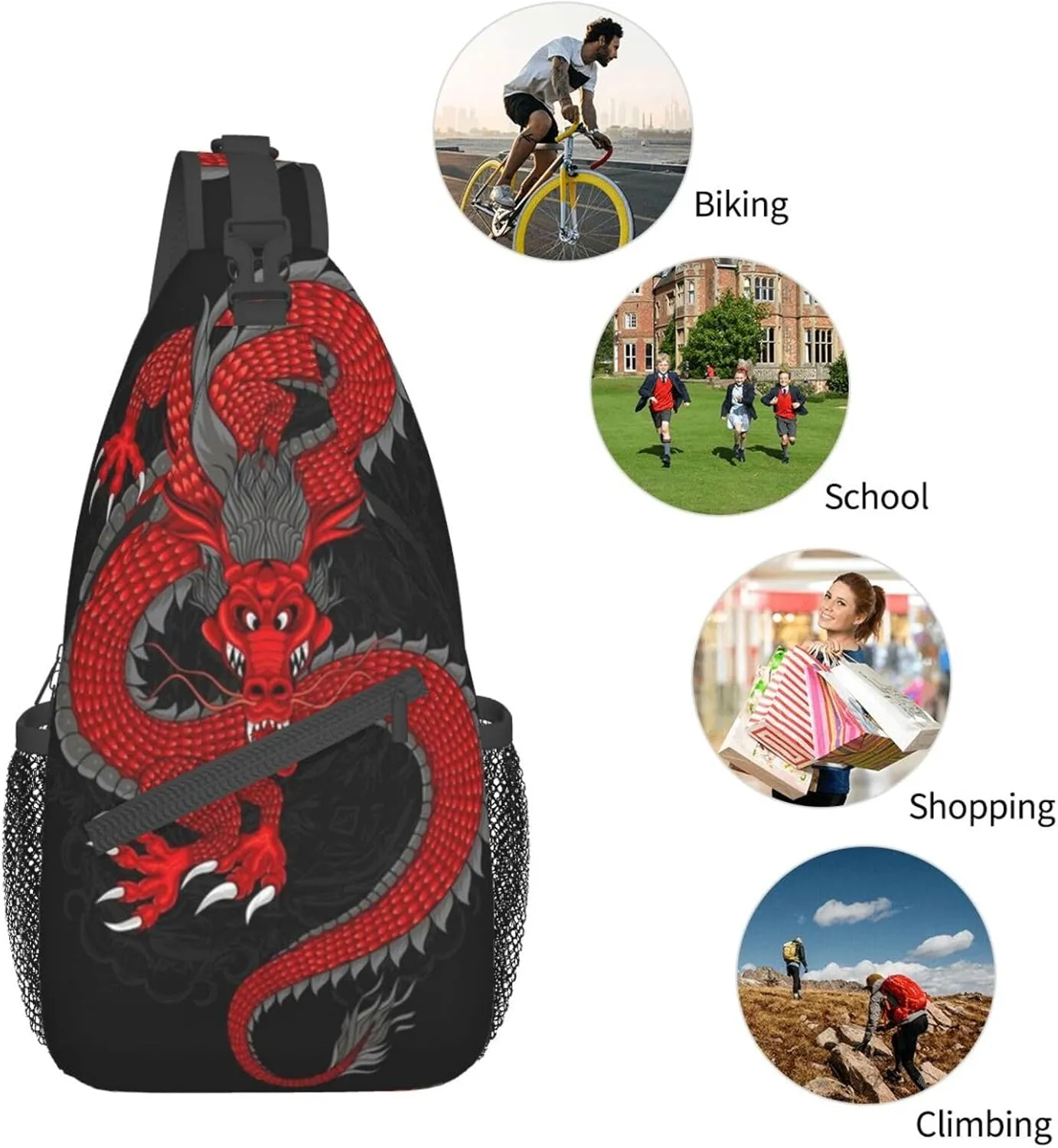 Cool Chinese Dragon Sling Bag,Casual Crossbody Backpack Shoulder Chest Bag for Women Men Travel Hiking Daypack