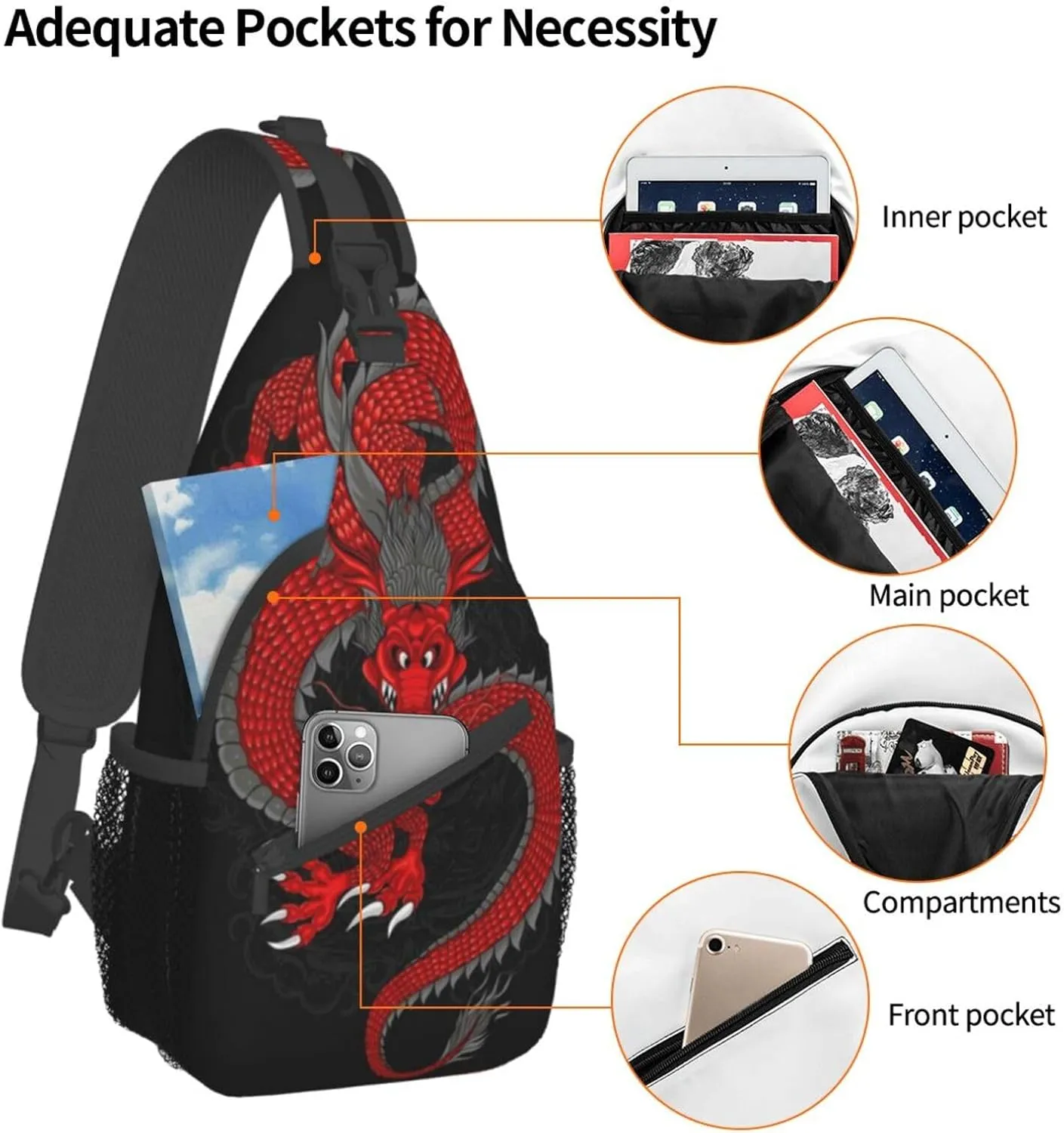 Cool Chinese Dragon Sling Bag,Casual Crossbody Backpack Shoulder Chest Bag for Women Men Travel Hiking Daypack