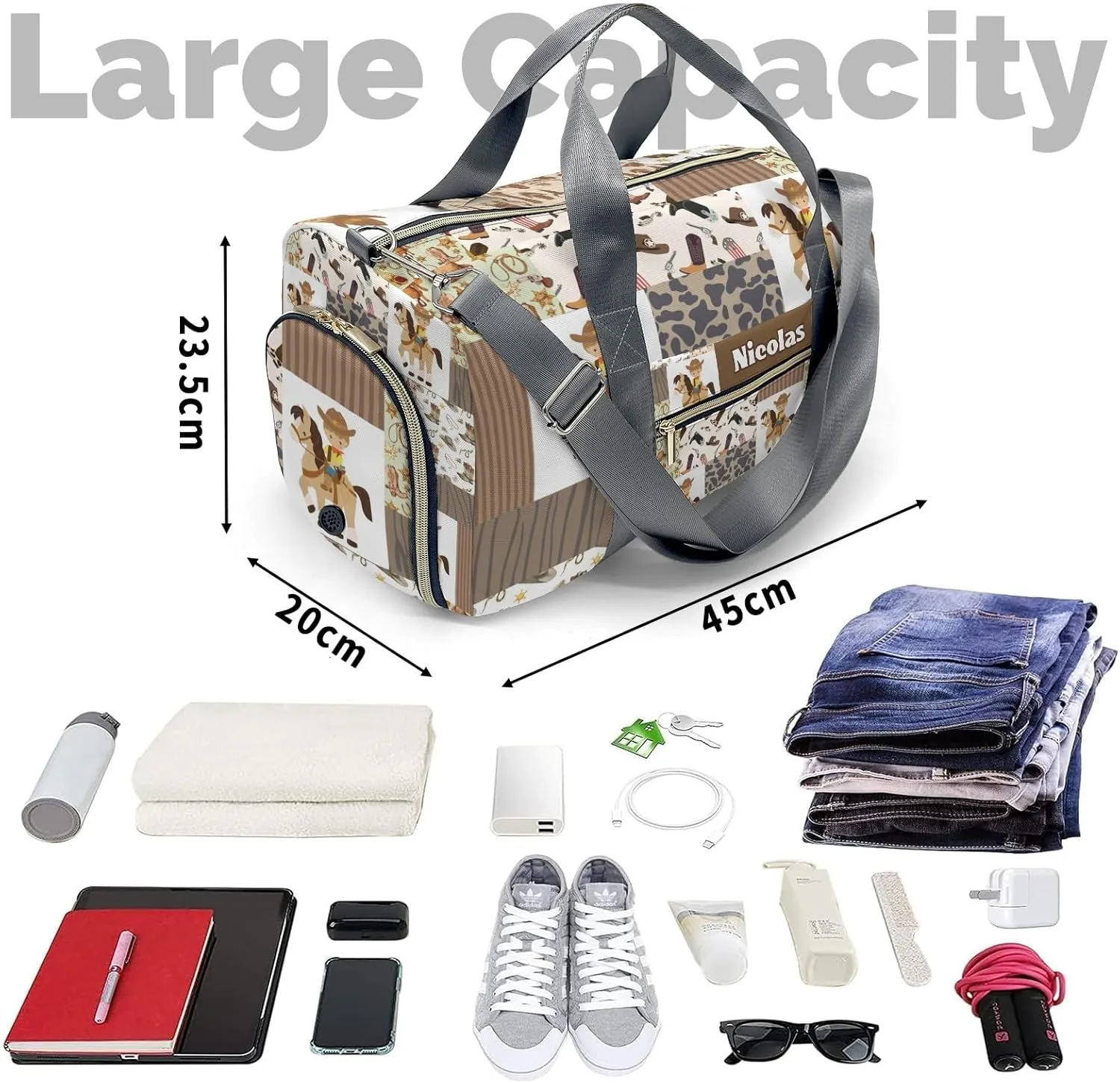 Cool Cowboy Western Patchwork Personalized Gym Dance Bag for Girls Boys,Custom Name Sport Duffel Bag Weekender Bags Carry On Travel Duffel Bag