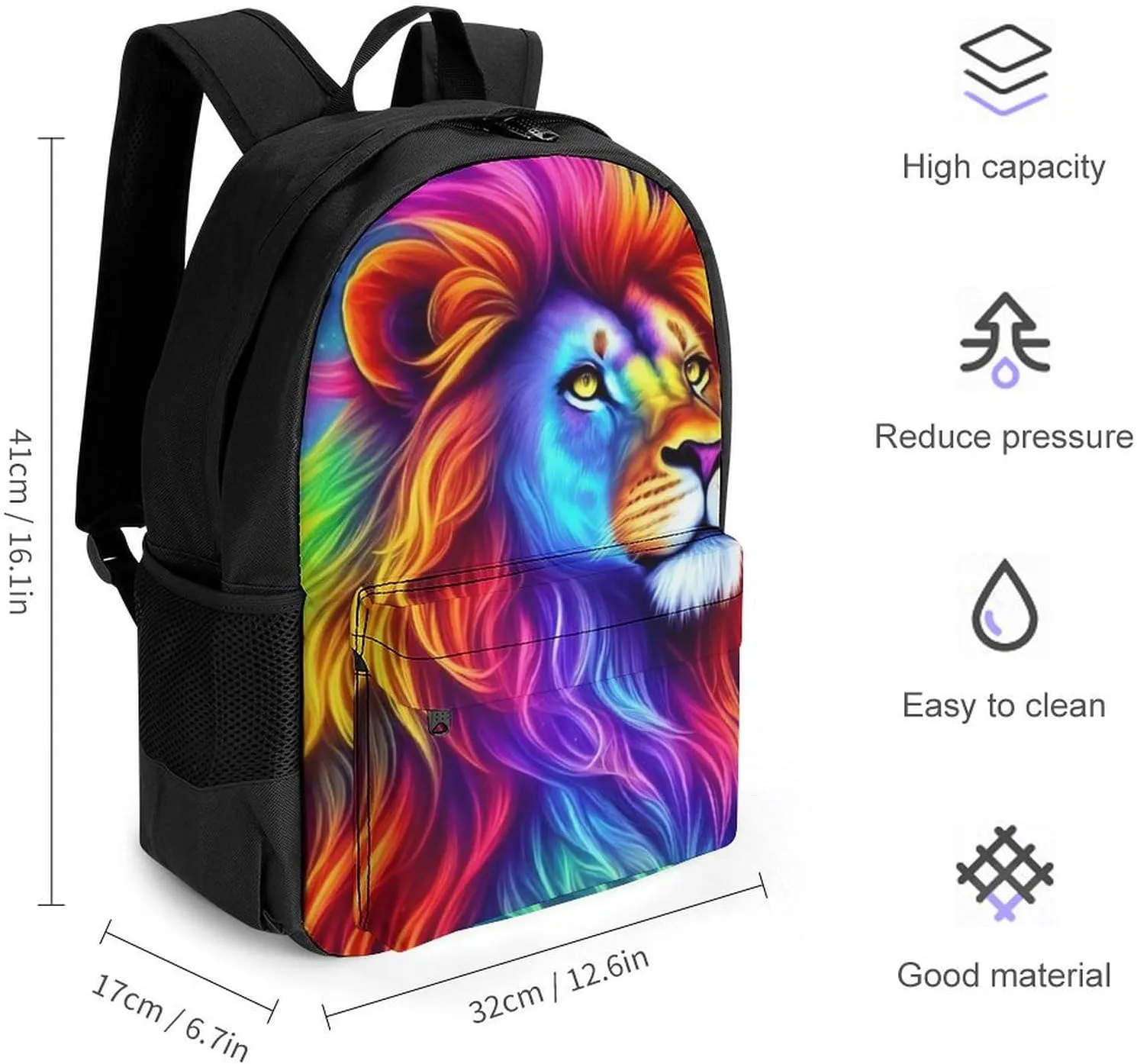 Cool Lion Rainbow Galaxy Surreal Style Art Rucksacks Polyester Anti-Theft Multipurpose Carry On Bag Large Capacity Gym Outdoor Hiking Backpack With Smooth Zippers