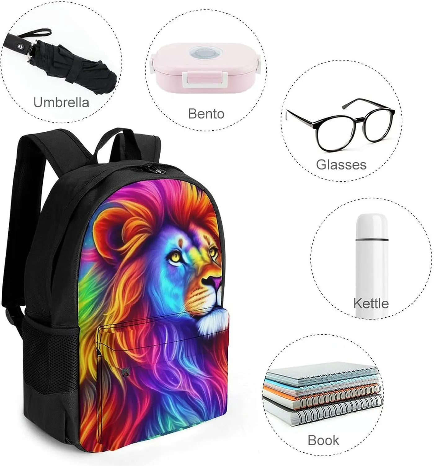 Cool Lion Rainbow Galaxy Surreal Style Art Rucksacks Polyester Anti-Theft Multipurpose Carry On Bag Large Capacity Gym Outdoor Hiking Backpack With Smooth Zippers