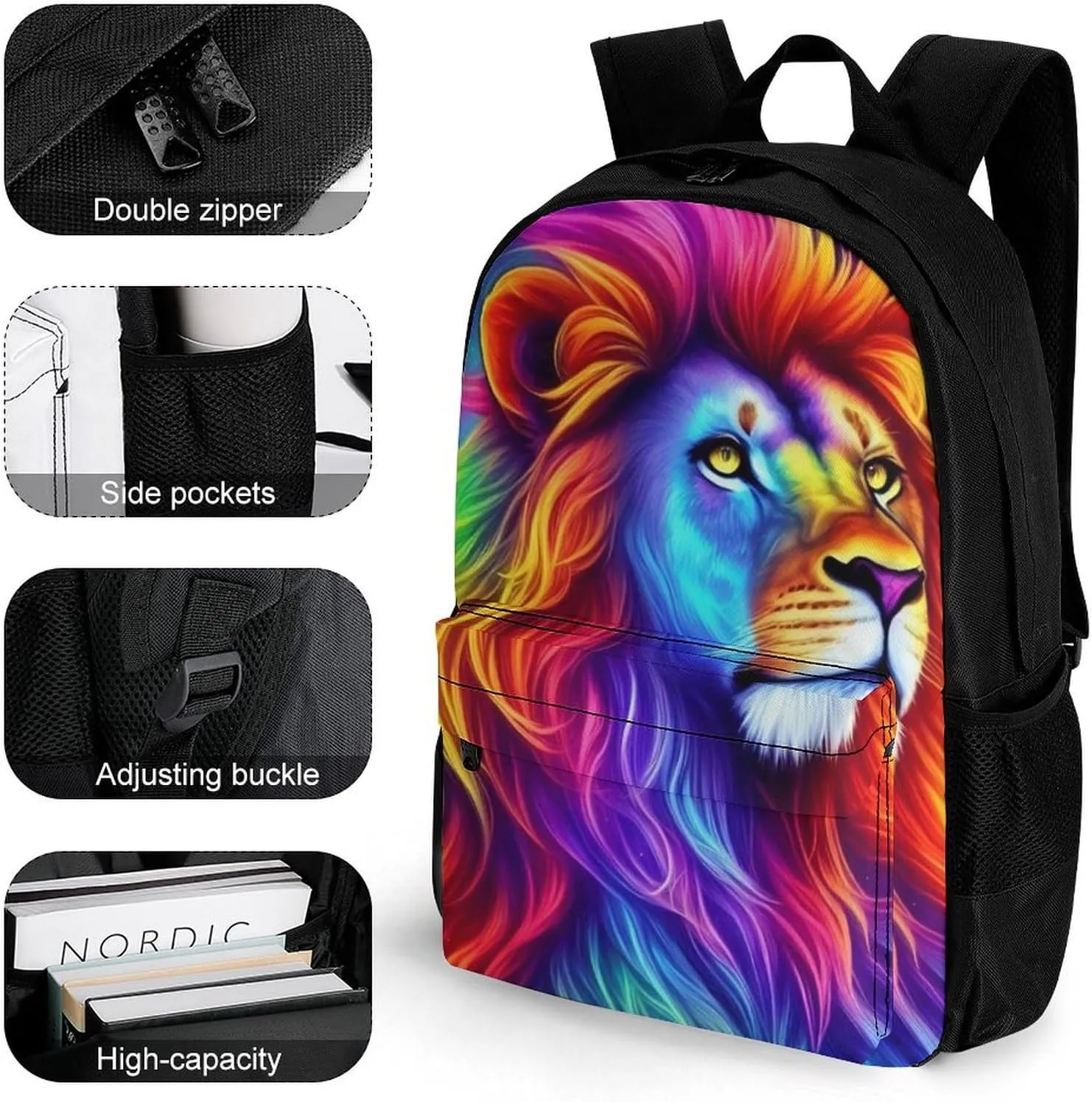 Cool Lion Rainbow Galaxy Surreal Style Art Rucksacks Polyester Anti-Theft Multipurpose Carry On Bag Large Capacity Gym Outdoor Hiking Backpack With Smooth Zippers
