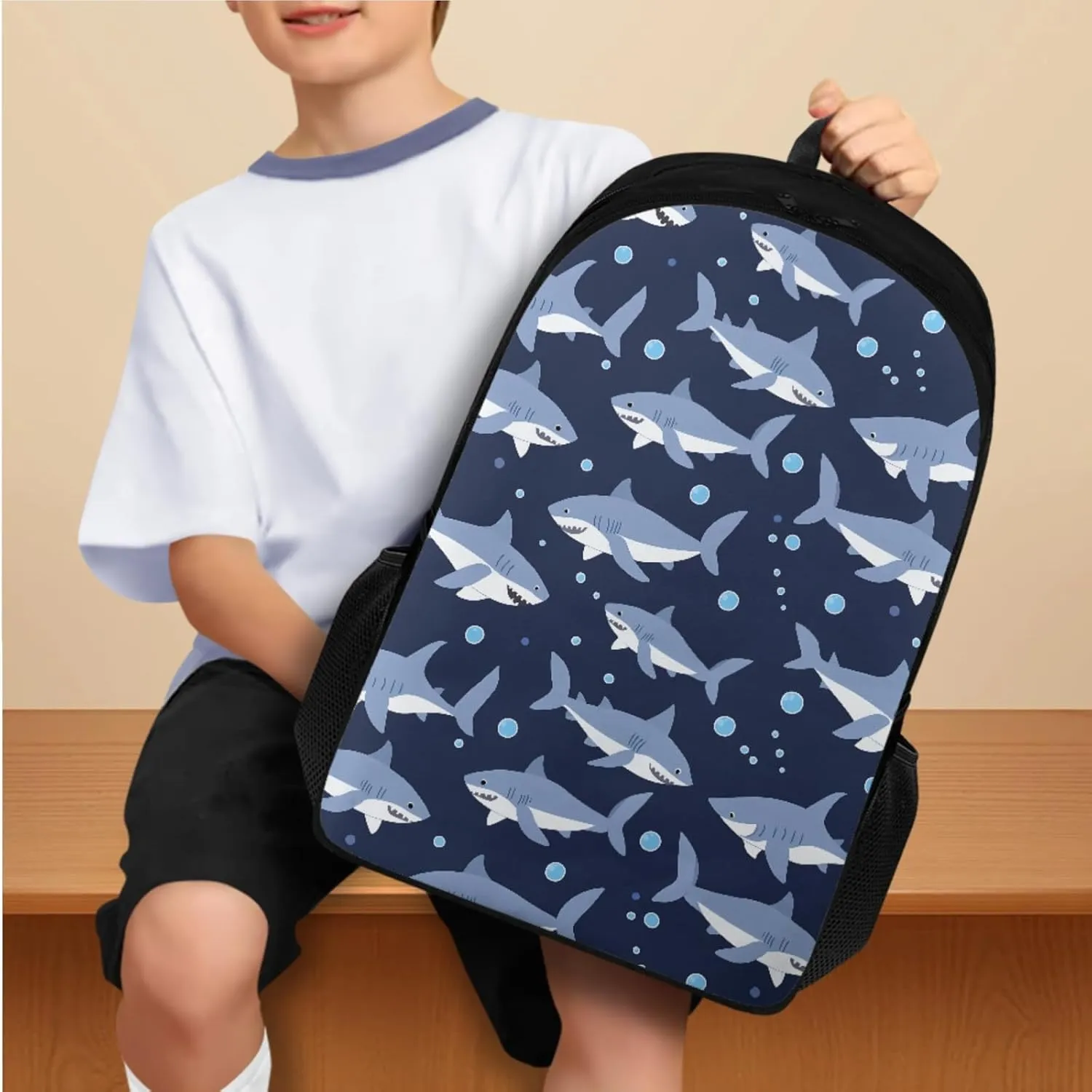 Cool Shark Backpacks for Boys with Lunch Box, 3rd Grade Boys Backpack Lunch Box Water Bottle Holder Pencil Case 4 Piece Set Cartoon Schoolbag Set for Camping Picnic