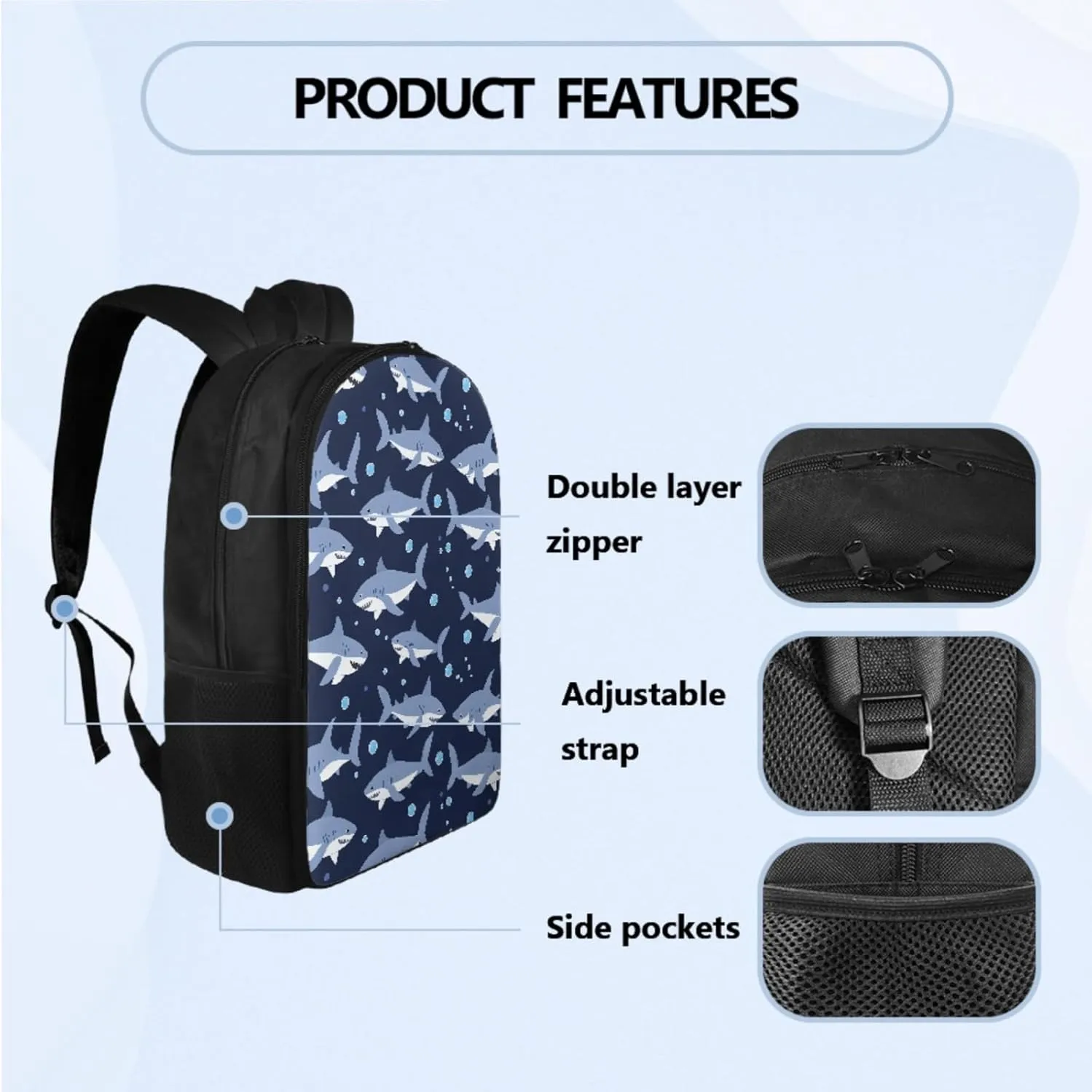 Cool Shark Backpacks for Boys with Lunch Box, 3rd Grade Boys Backpack Lunch Box Water Bottle Holder Pencil Case 4 Piece Set Cartoon Schoolbag Set for Camping Picnic