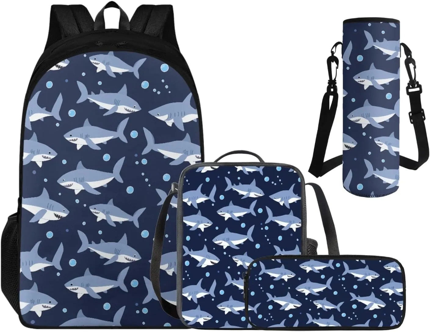 Cool Shark Backpacks for Boys with Lunch Box, 3rd Grade Boys Backpack Lunch Box Water Bottle Holder Pencil Case 4 Piece Set Cartoon Schoolbag Set for Camping Picnic
