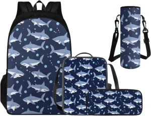 Cool Shark Backpacks for Boys with Lunch Box, 3rd Grade Boys Backpack Lunch Box Water Bottle Holder Pencil Case 4 Piece Set Cartoon Schoolbag Set for Camping Picnic