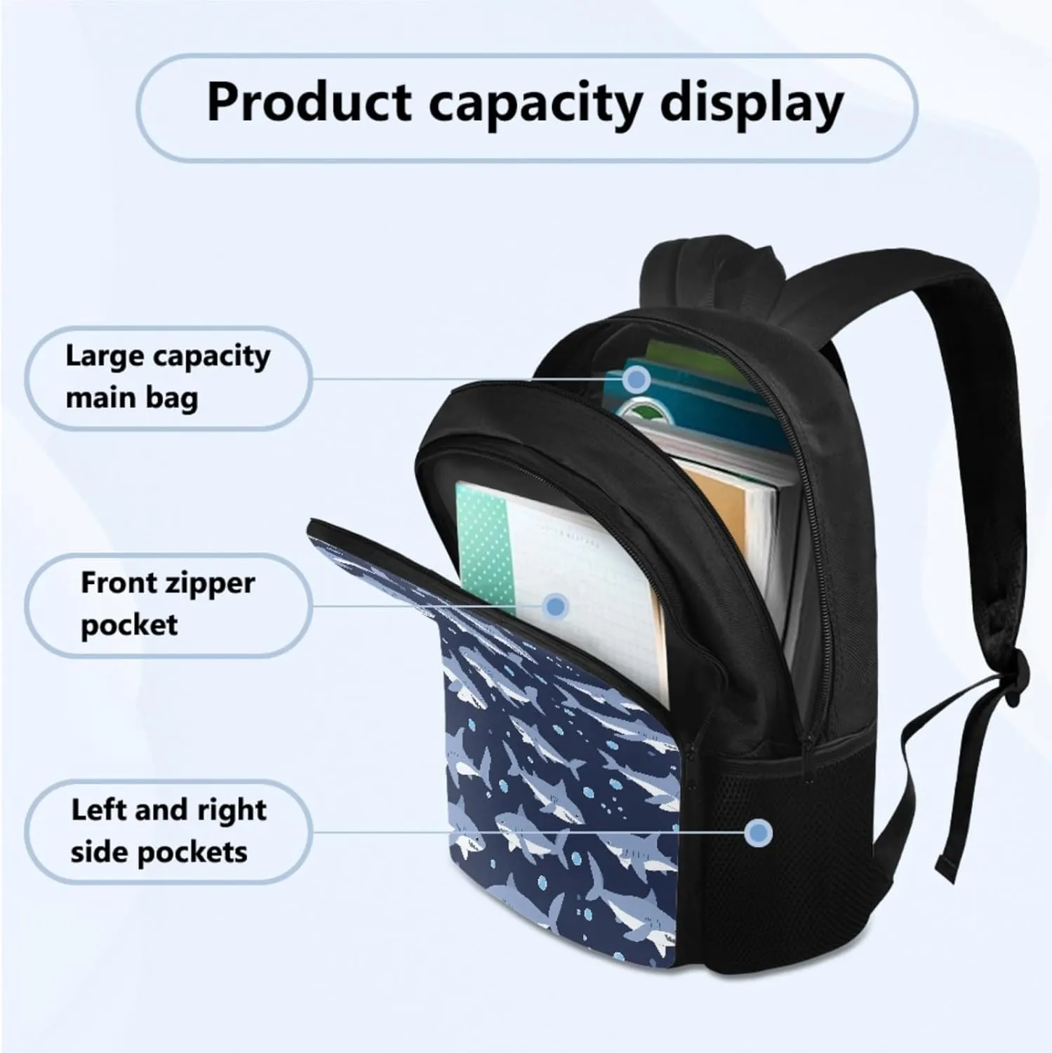 Cool Shark Backpacks for Boys with Lunch Box, 3rd Grade Boys Backpack Lunch Box Water Bottle Holder Pencil Case 4 Piece Set Cartoon Schoolbag Set for Camping Picnic