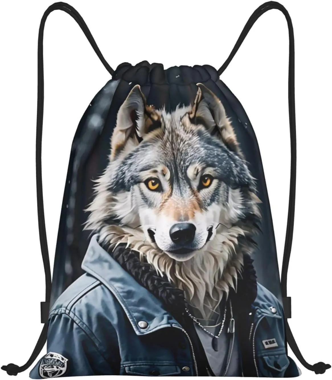 Cool Wolf Print Drawstring Bags 210D Polyester Backpack Foldable Sports Drawstring Sack Mini Travel Daypack
