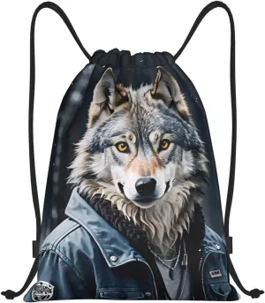 Cool Wolf Print Drawstring Bags 210D Polyester Backpack Foldable Sports Drawstring Sack Mini Travel Daypack
