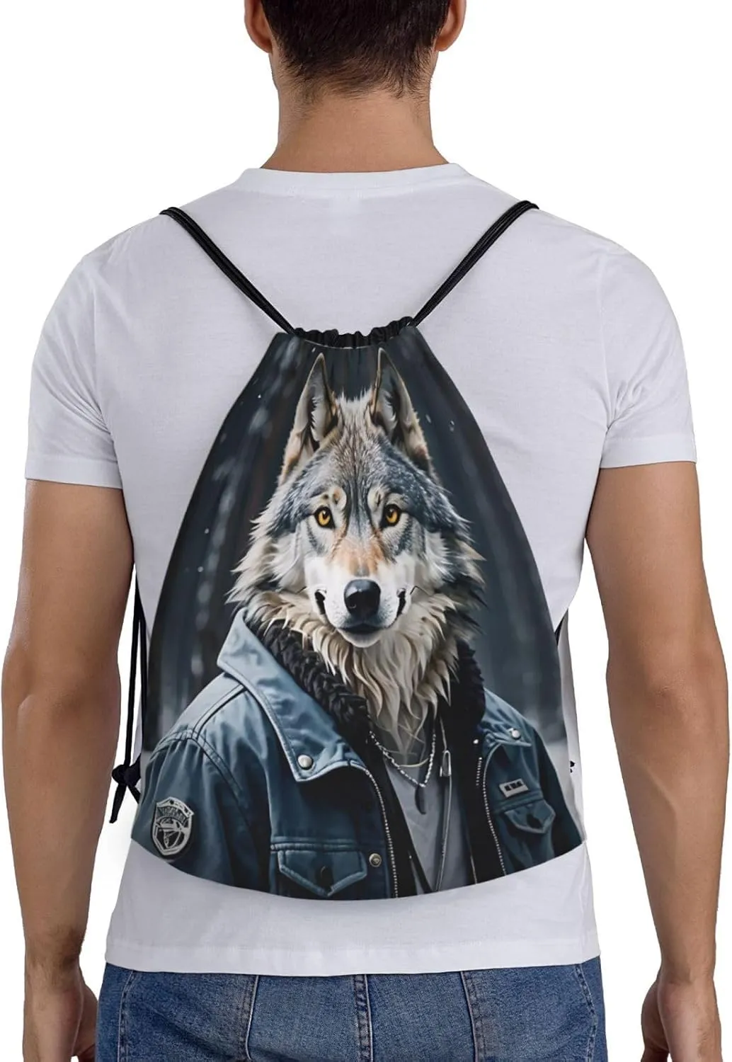Cool Wolf Print Drawstring Bags 210D Polyester Backpack Foldable Sports Drawstring Sack Mini Travel Daypack