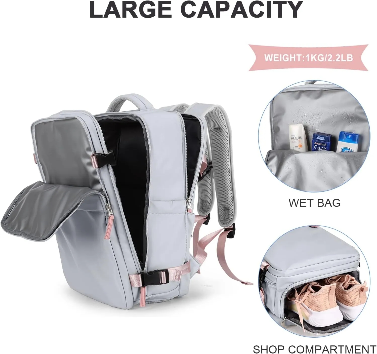 coowoz Travel Backpack For Women Men Airline Approved,Carry On Backpack,Large Hiking Backpack Waterproof Outdoor Sports Rucksack Casual Daypack Fit 15.6 Inch Laptop Backpack Grey College Backpack