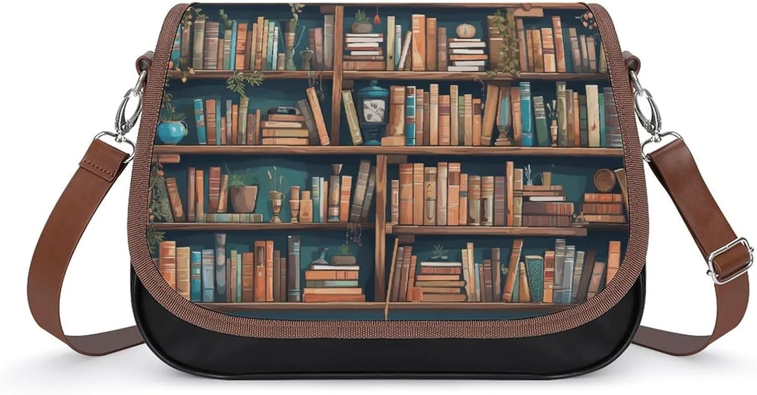 Crossbody Bags for Women Shoulder Bag Leather Handbag Cartoon Bookshelf Bookworm Messenger Bag Office Work Bag