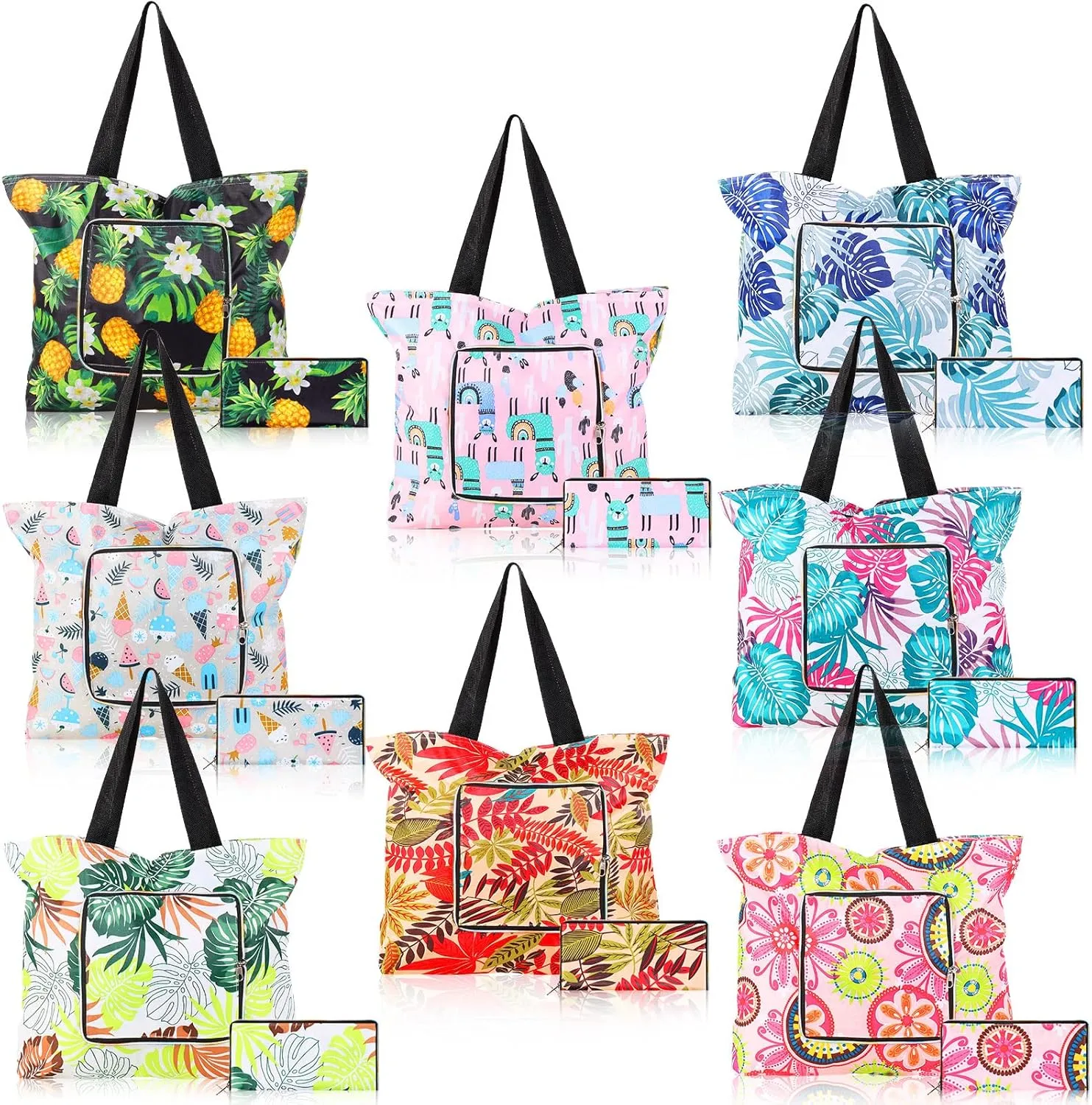 Cunno 8 Pcs Summer Reusable Shopping Bags for Groceries 13.78 x 17.72 x 4.72 Inch Beach Foldable Tote Bag with Zipper and Handles Large Capacity Waterproof Travel Tote Bags for Women Work Gym