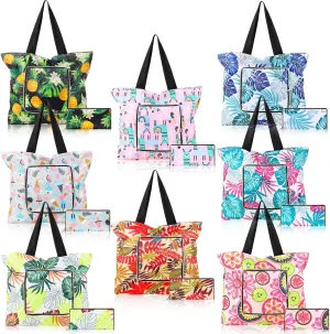Cunno 8 Pcs Summer Reusable Shopping Bags for Groceries 13.78 x 17.72 x 4.72 Inch Beach Foldable Tote Bag with Zipper and Handles Large Capacity Waterproof Travel Tote Bags for Women Work Gym