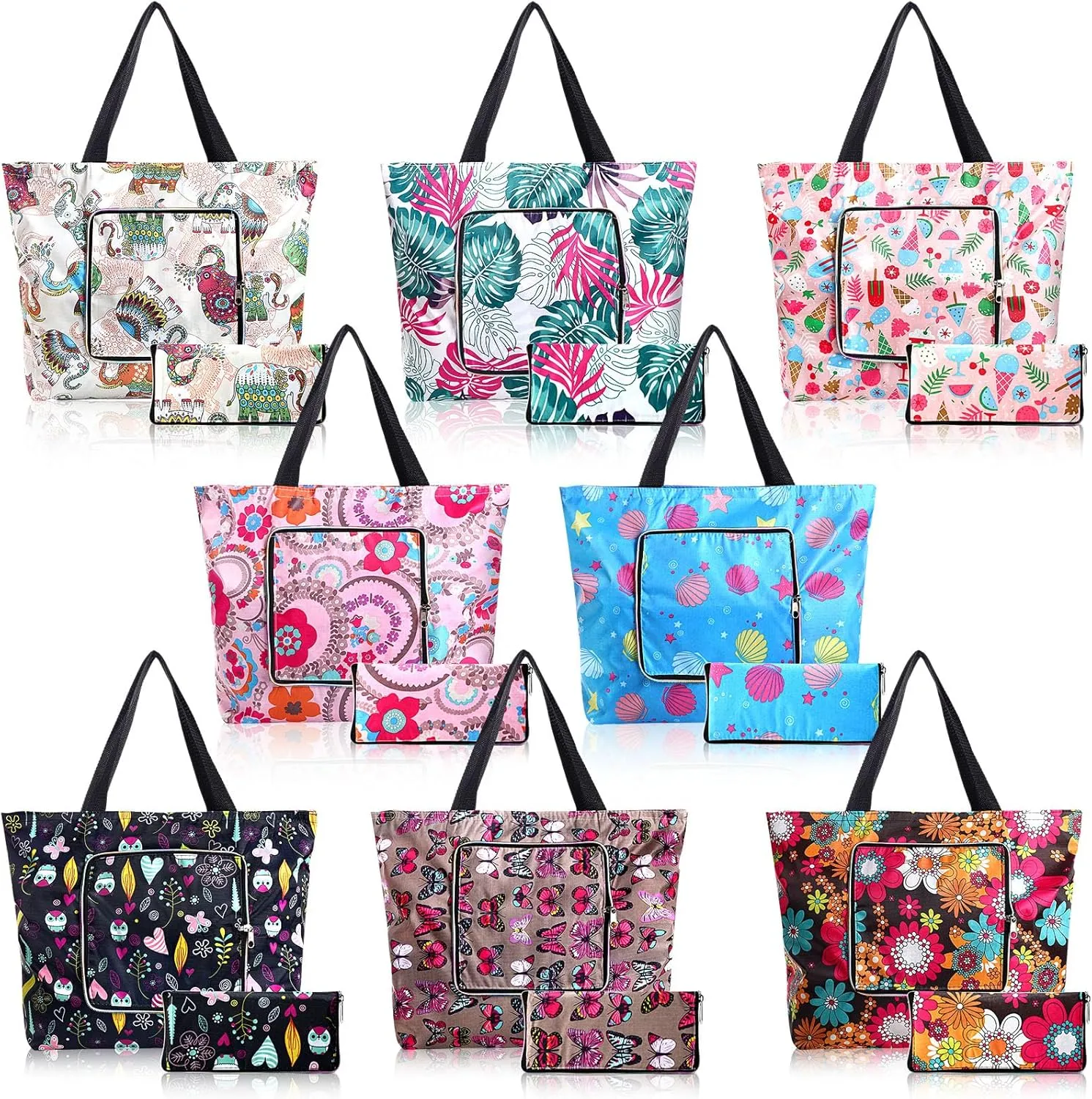 Cunno 8 Pcs Summer Reusable Shopping Bags for Groceries Beach Tote Bag Waterproof Travel Bags, 13.78 x 17.72 x 4.72''(Classic)