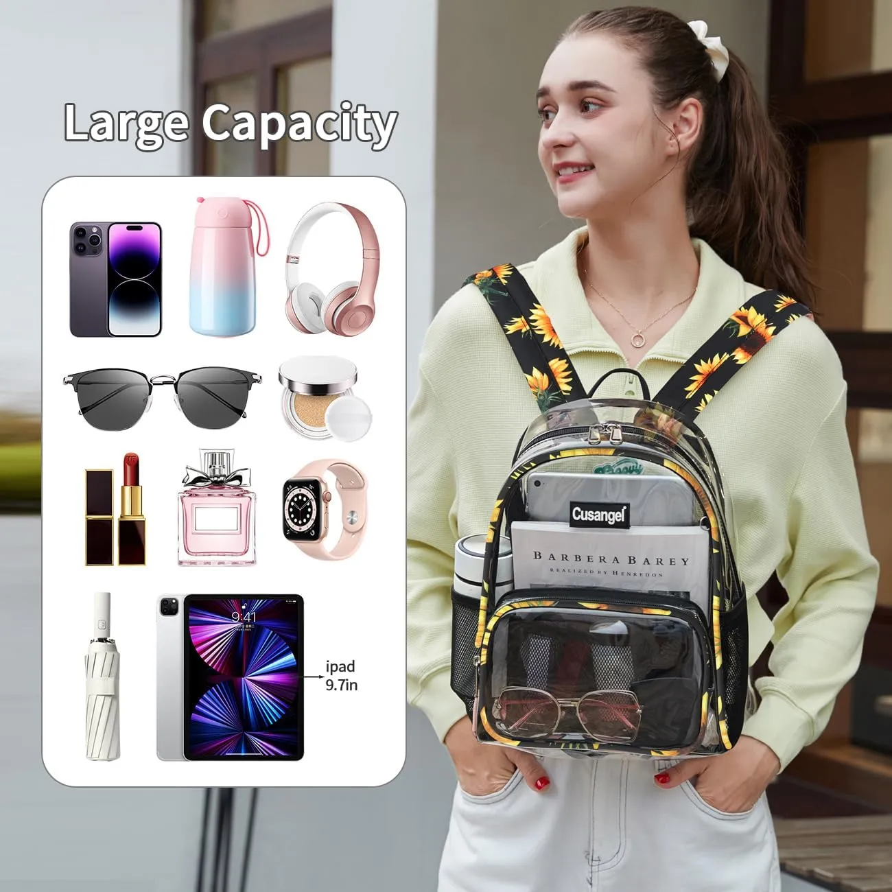 Cusangel Clear Backpack Stadium Approved 12×6×12,TPU Transparent Backpacks Plastic See Through Bag, Clear Bag for Concert Sport Event Work School Festival