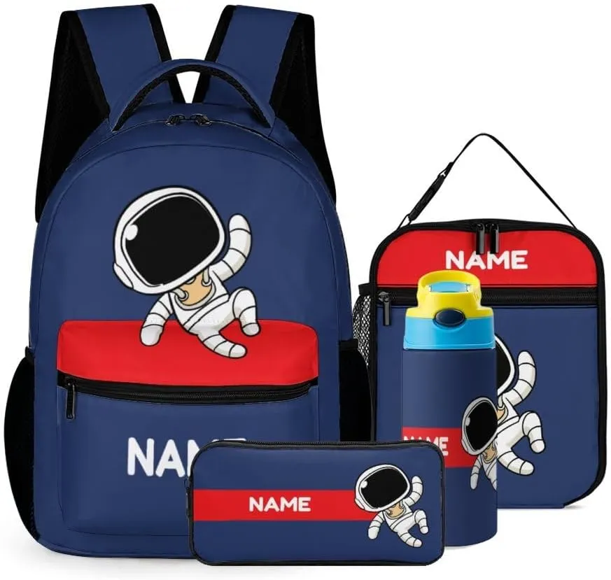 Custom 4 Piece Backpack Set Add Your Name Personalized Cute Astronaut School Bag with Lunch Bag Pencil Case Kids Water Bottle Customized Backpack for Girls Boys Student