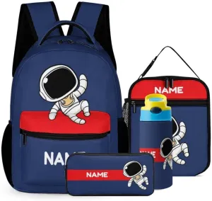 Custom 4 Piece Backpack Set Add Your Name Personalized Cute Astronaut School Bag with Lunch Bag Pencil Case Kids Water Bottle Customized Backpack for Girls Boys Student