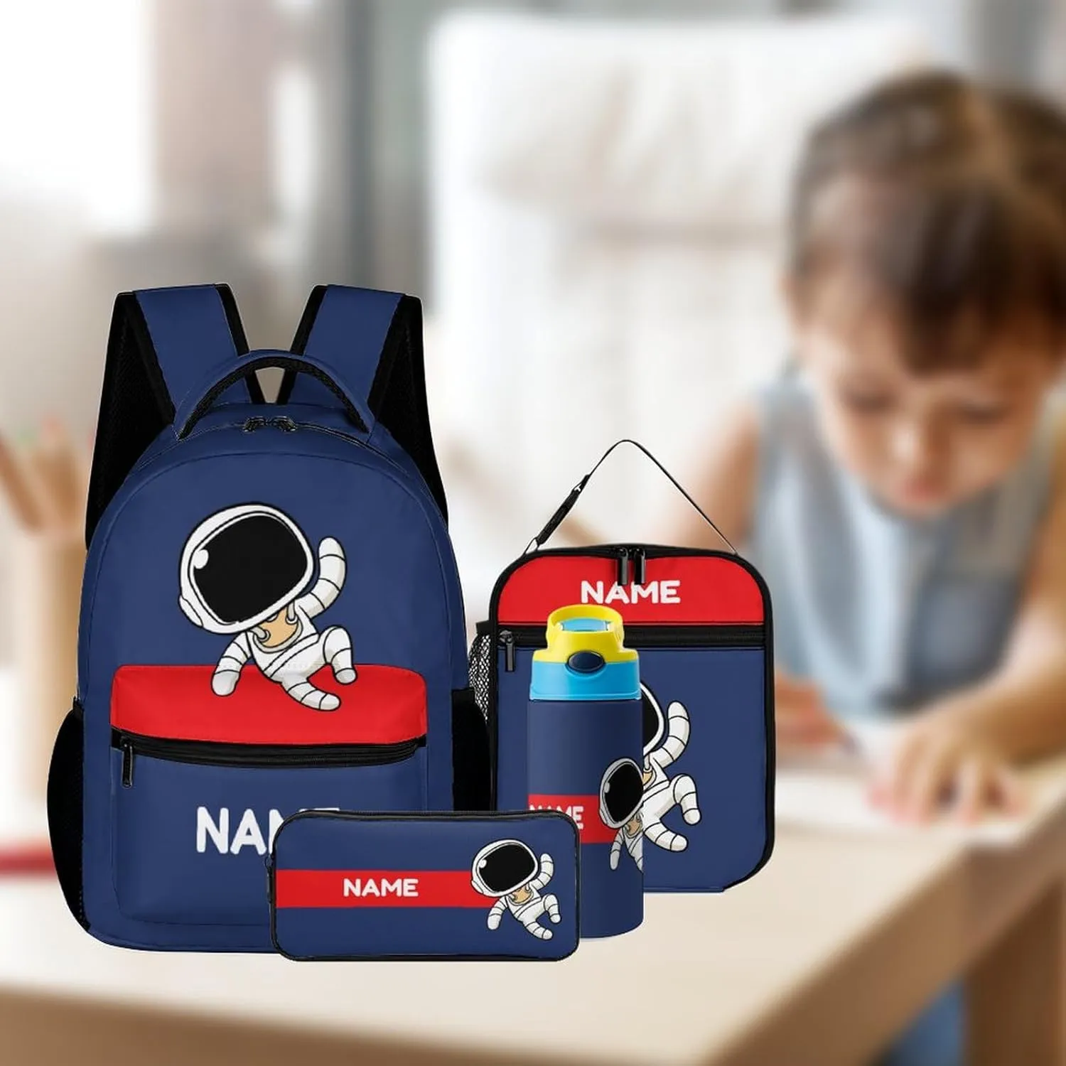 Custom 4 Piece Backpack Set Add Your Name Personalized Cute Astronaut School Bag with Lunch Bag Pencil Case Kids Water Bottle Customized Backpack for Girls Boys Student