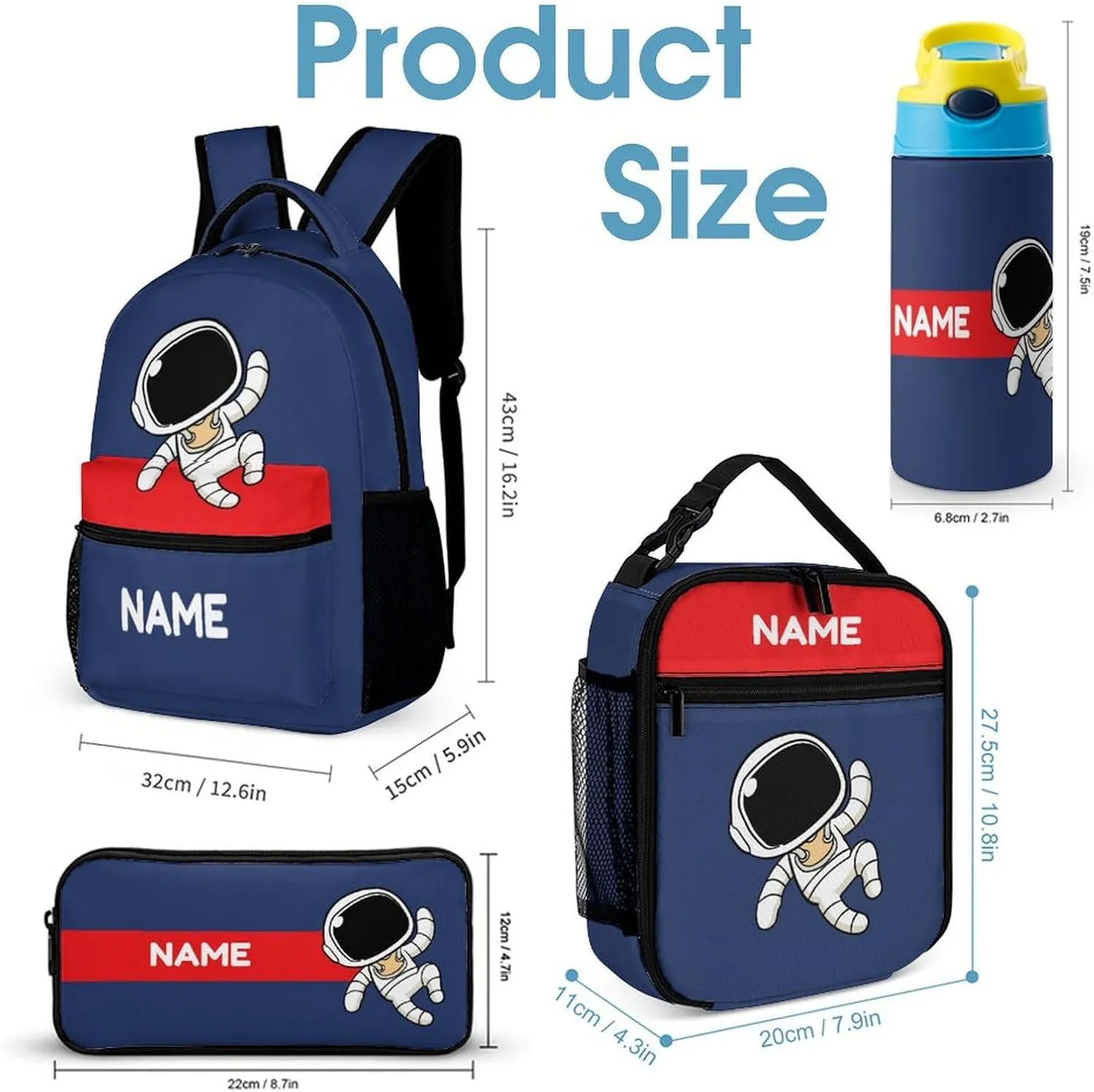 Custom 4 Piece Backpack Set Add Your Name Personalized Cute Astronaut School Bag with Lunch Bag Pencil Case Kids Water Bottle Customized Backpack for Girls Boys Student