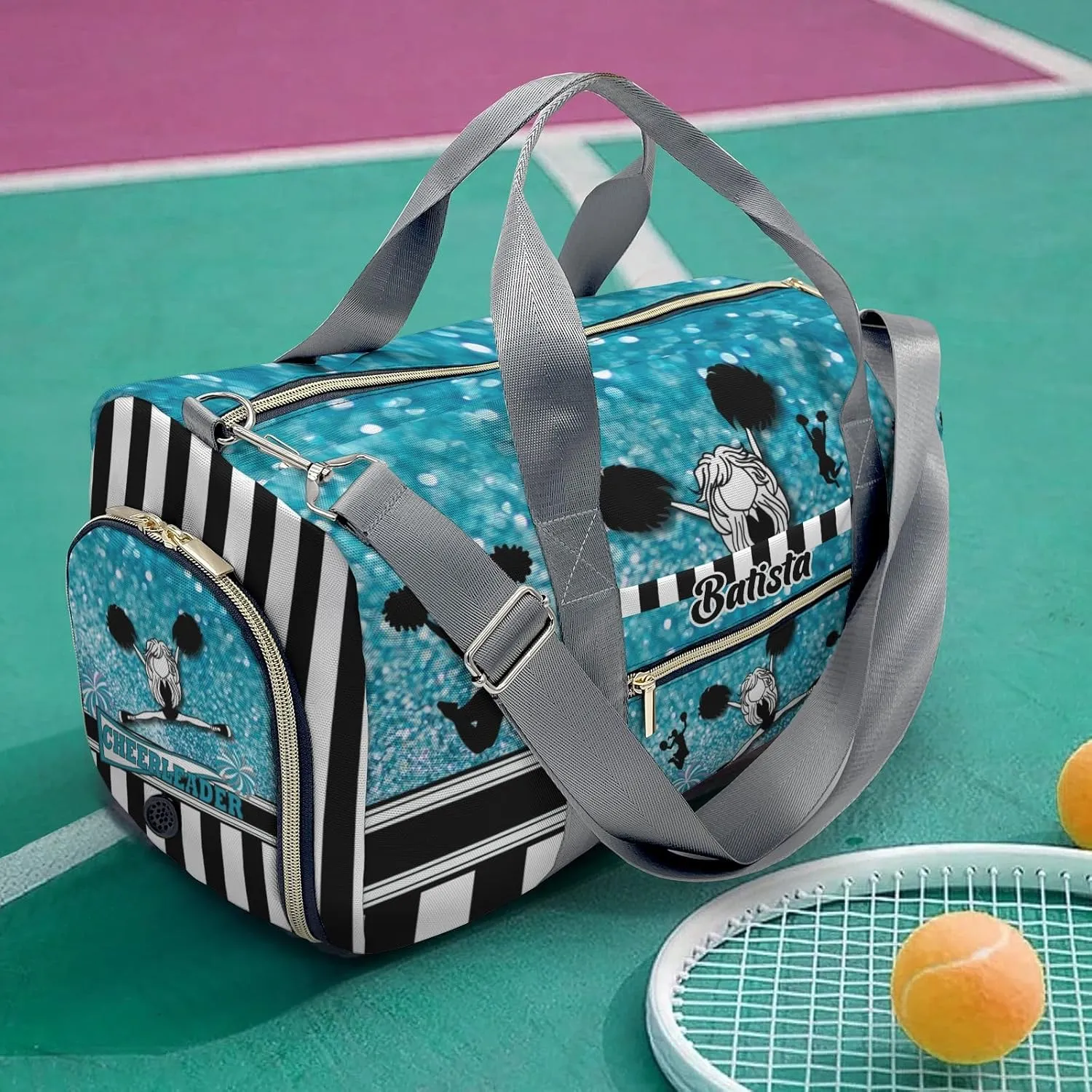 Custom Cheerleader Girl Sparkly Teal Stripes Gym Duffel Bag – Travel Bag for Women Men,Sports Gym Bag,Weekender Bag,Overnight Bag,Travel Tote Bags for Sports Workout with Name