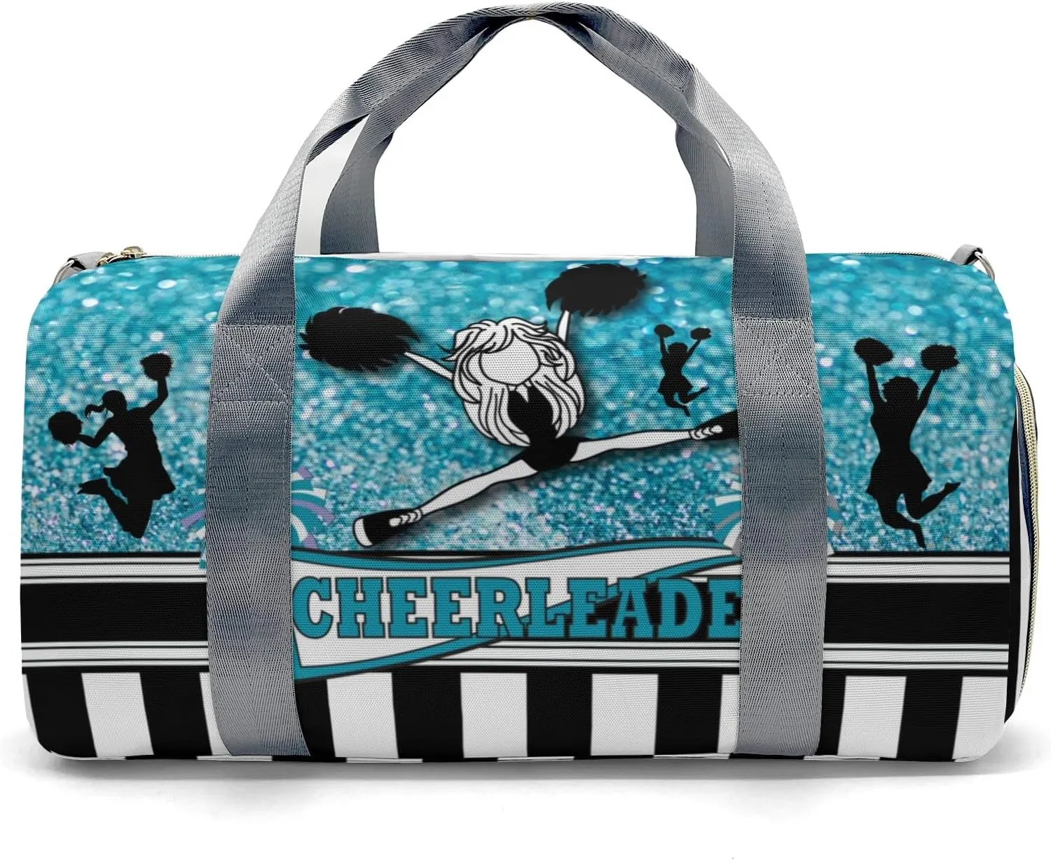 Custom Cheerleader Girl Sparkly Teal Stripes Gym Duffel Bag – Travel Bag for Women Men,Sports Gym Bag,Weekender Bag,Overnight Bag,Travel Tote Bags for Sports Workout with Name
