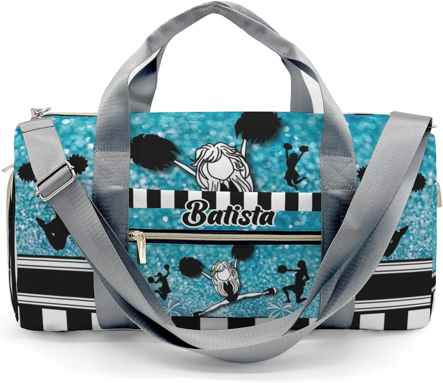 Custom Cheerleader Girl Sparkly Teal Stripes Gym Duffel Bag – Travel Bag for Women Men,Sports Gym Bag,Weekender Bag,Overnight Bag,Travel Tote Bags for Sports Workout with Name
