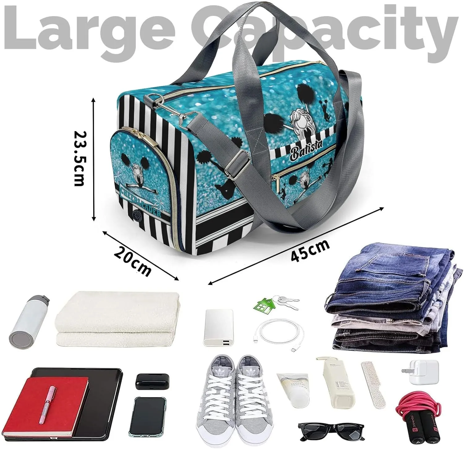 Custom Cheerleader Girl Sparkly Teal Stripes Gym Duffel Bag – Travel Bag for Women Men,Sports Gym Bag,Weekender Bag,Overnight Bag,Travel Tote Bags for Sports Workout with Name