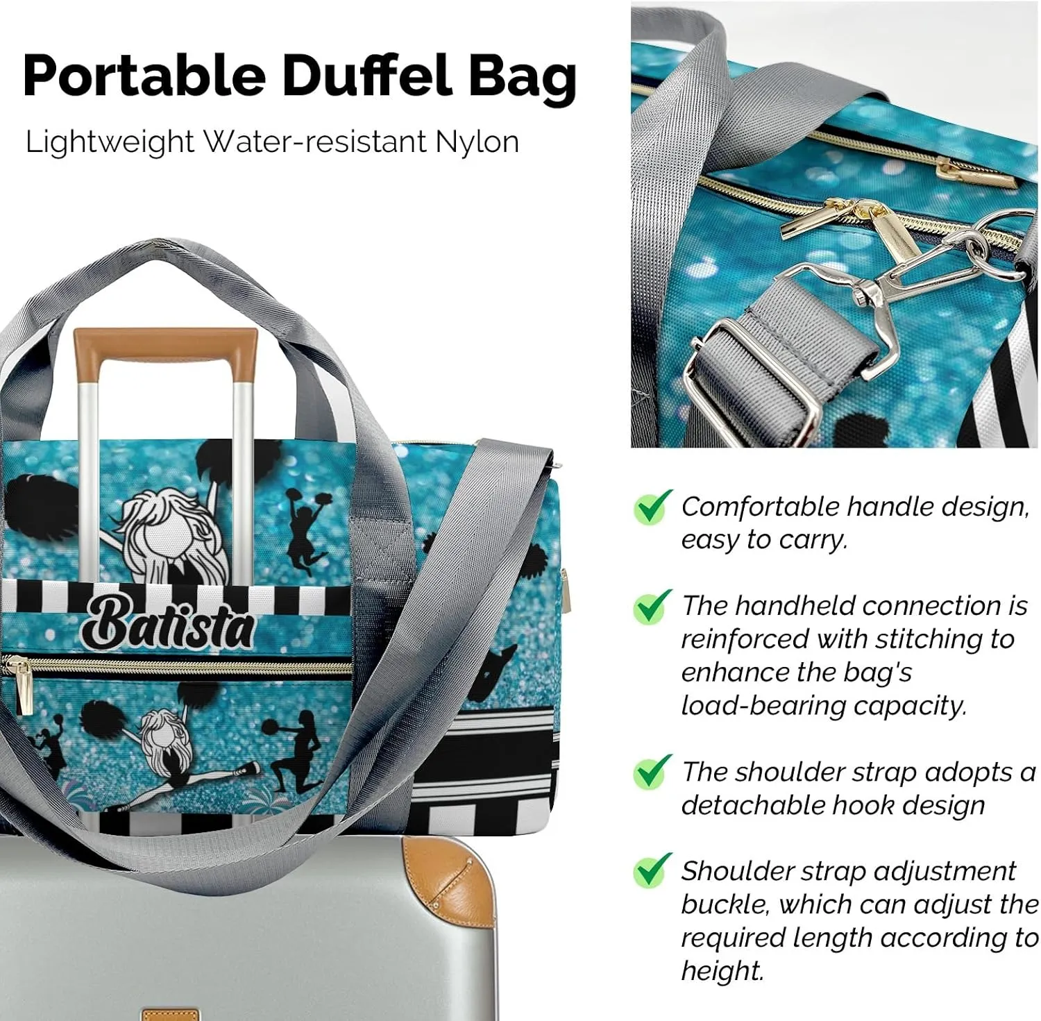 Custom Cheerleader Girl Sparkly Teal Stripes Gym Duffel Bag – Travel Bag for Women Men,Sports Gym Bag,Weekender Bag,Overnight Bag,Travel Tote Bags for Sports Workout with Name