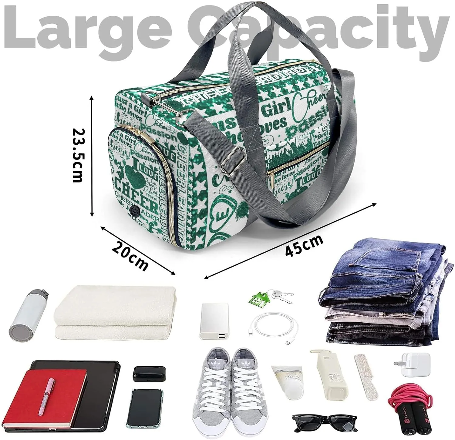 Custom Cheerleader Green Bling Print Duffel Bag with Name Child Kids Adjustable Shoulder Strap Travel Bag for Boys Girls Teens