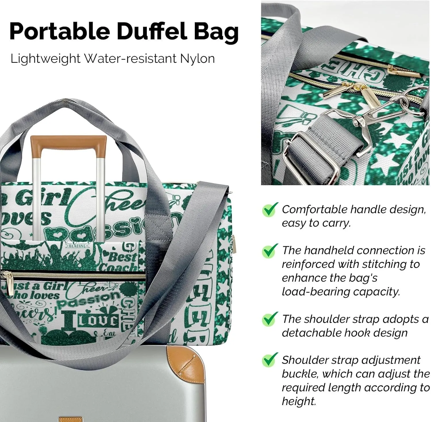 Custom Cheerleader Green Bling Print Duffel Bag with Name Child Kids Adjustable Shoulder Strap Travel Bag for Boys Girls Teens