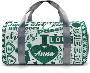 Custom Cheerleader Green Bling Print Duffel Bag with Name Child Kids Adjustable Shoulder Strap Travel Bag for Boys Girls Teens