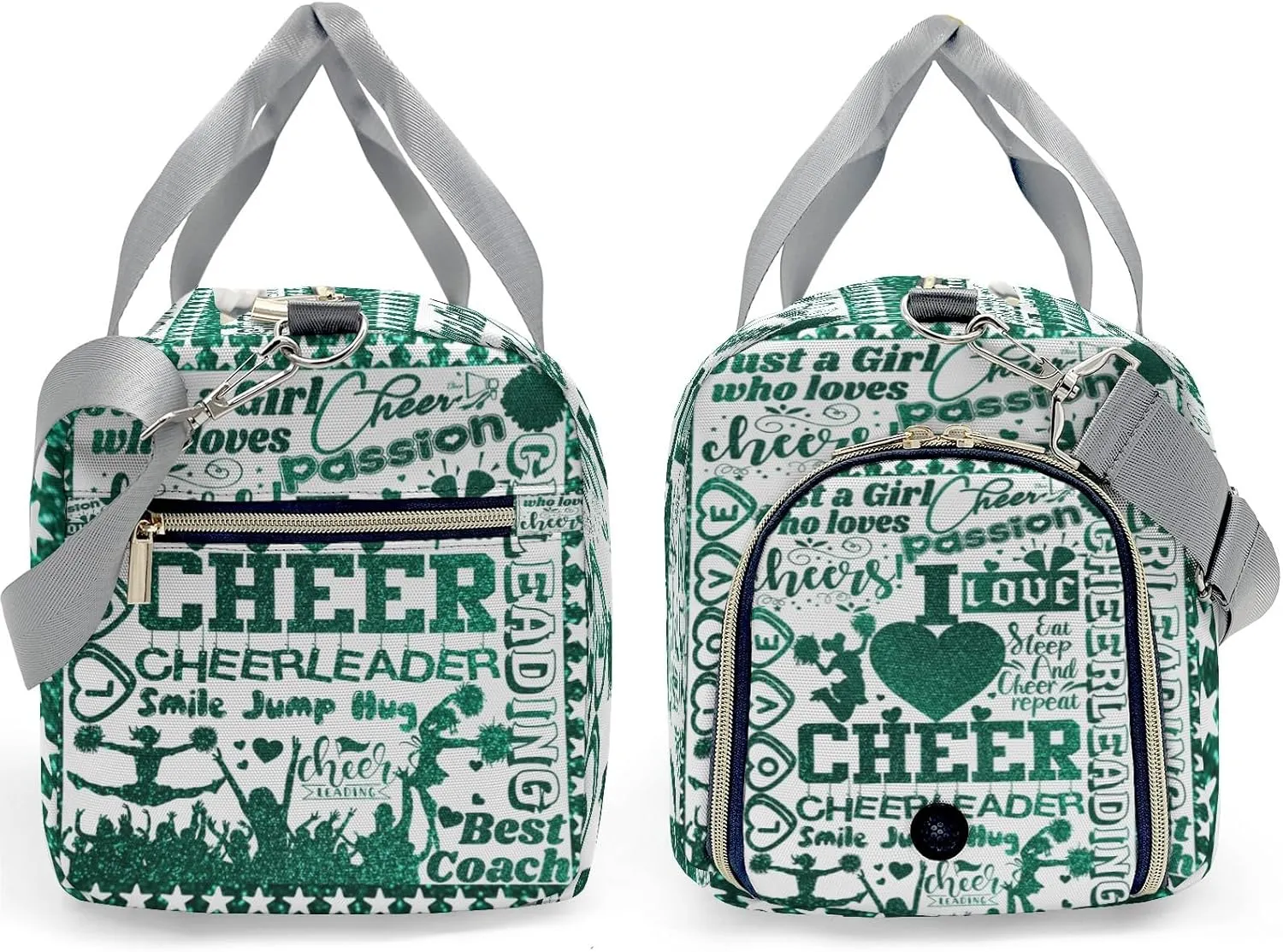 Custom Cheerleader Green Bling Print Duffel Bag with Name Child Kids Adjustable Shoulder Strap Travel Bag for Boys Girls Teens