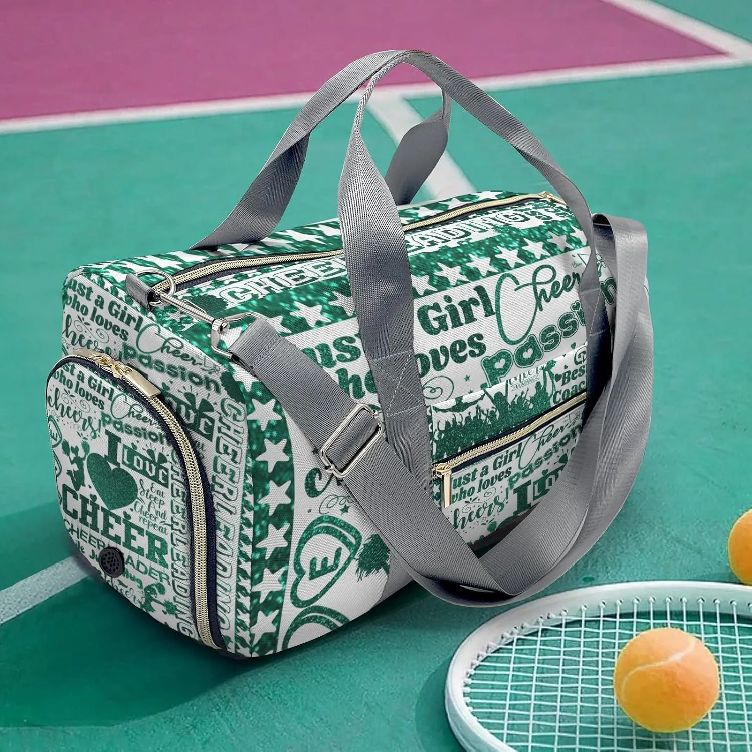 Custom Cheerleader Green Bling Print Duffel Bag with Name Child Kids Adjustable Shoulder Strap Travel Bag for Boys Girls Teens