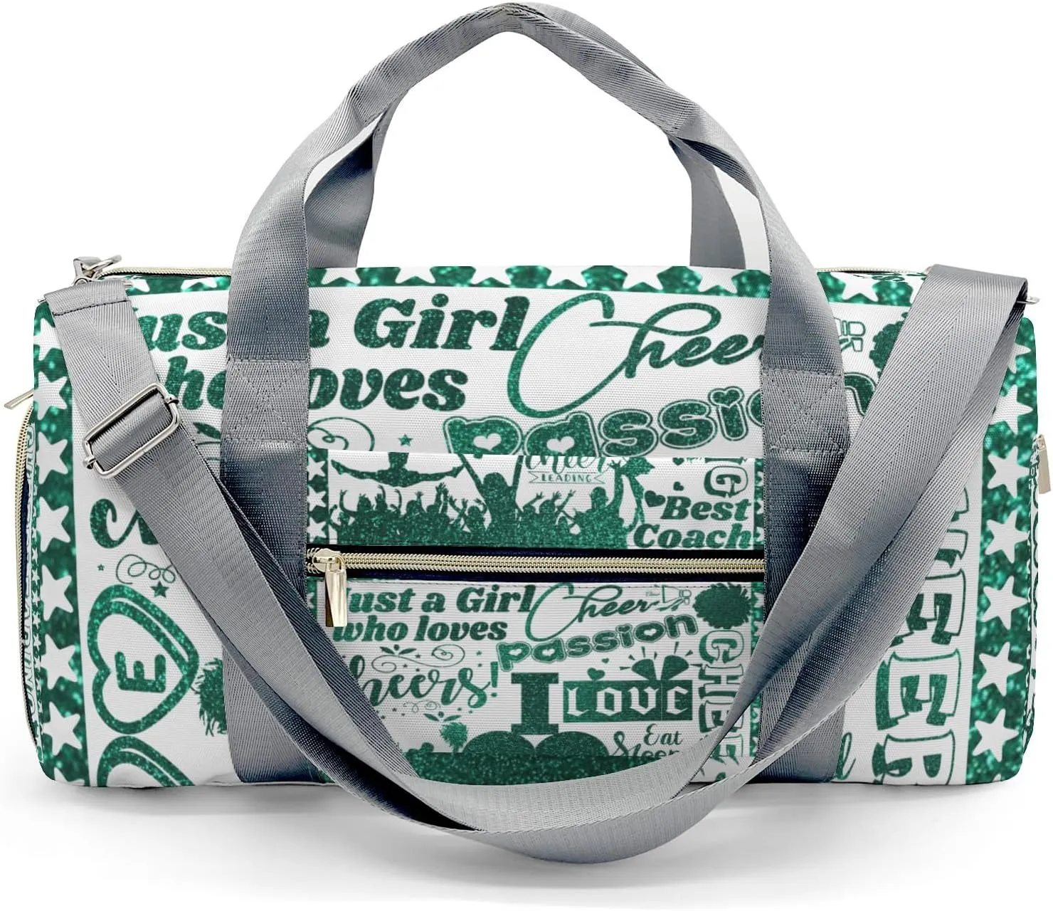 Custom Cheerleader Green Bling Print Duffel Bag with Name Child Kids Adjustable Shoulder Strap Travel Bag for Boys Girls Teens