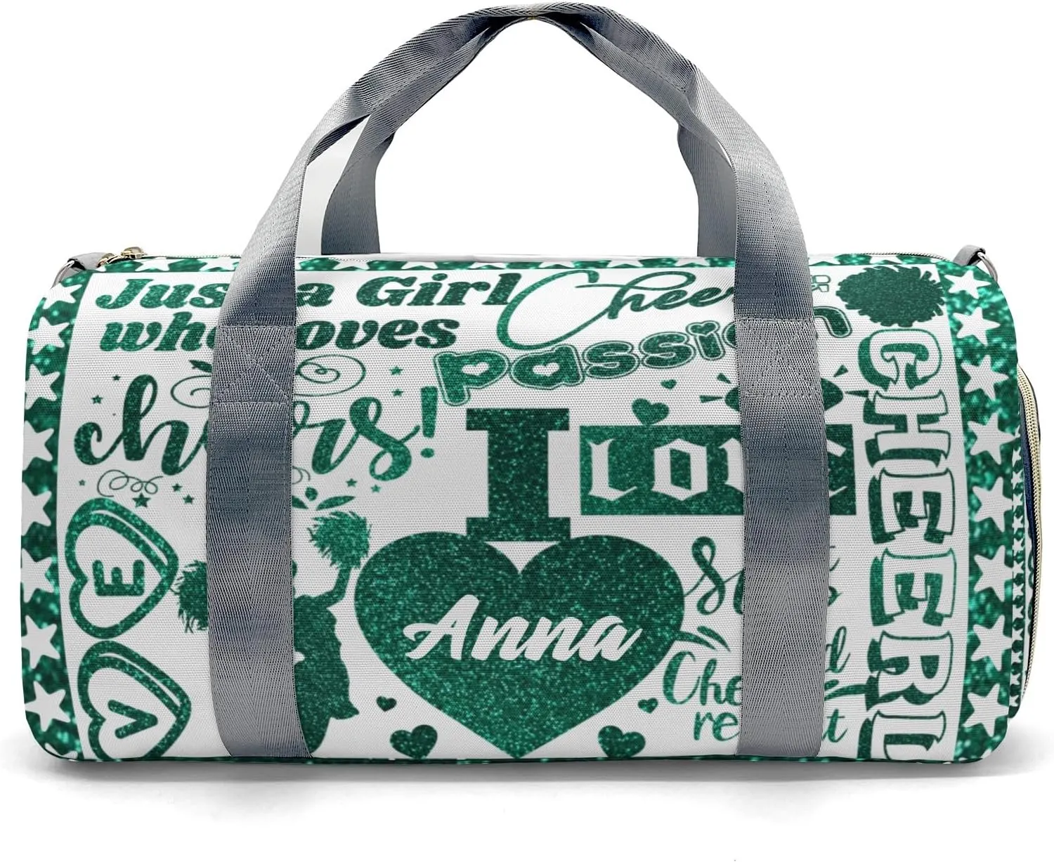 Custom Cheerleader Green Bling Print Duffel Bag with Name Child Kids Adjustable Shoulder Strap Travel Bag for Boys Girls Teens