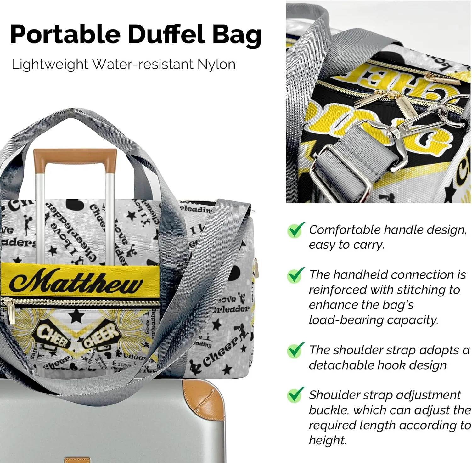 Custom Cheerleading Yellow Bling Print Duffel Bag with Name Child Kids Adjustable Shoulder Strap Travel Bag for Boys Girls Teens