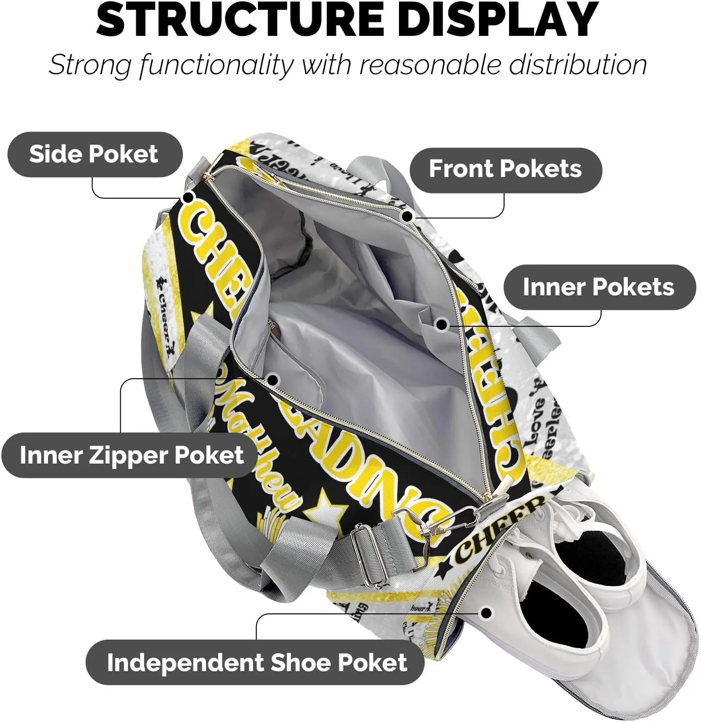 Custom Cheerleading Yellow Bling Print Duffel Bag with Name Child Kids Adjustable Shoulder Strap Travel Bag for Boys Girls Teens