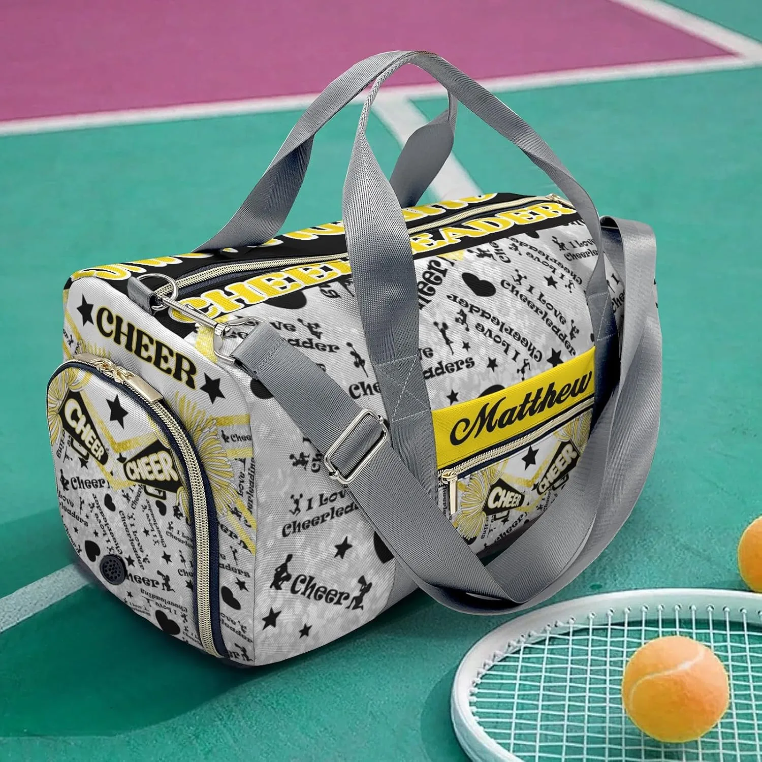 Custom Cheerleading Yellow Bling Print Duffel Bag with Name Child Kids Adjustable Shoulder Strap Travel Bag for Boys Girls Teens
