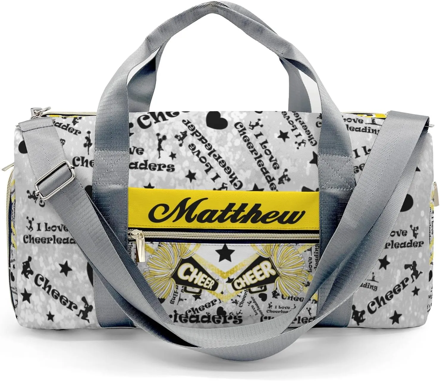 Custom Cheerleading Yellow Bling Print Duffel Bag with Name Child Kids Adjustable Shoulder Strap Travel Bag for Boys Girls Teens