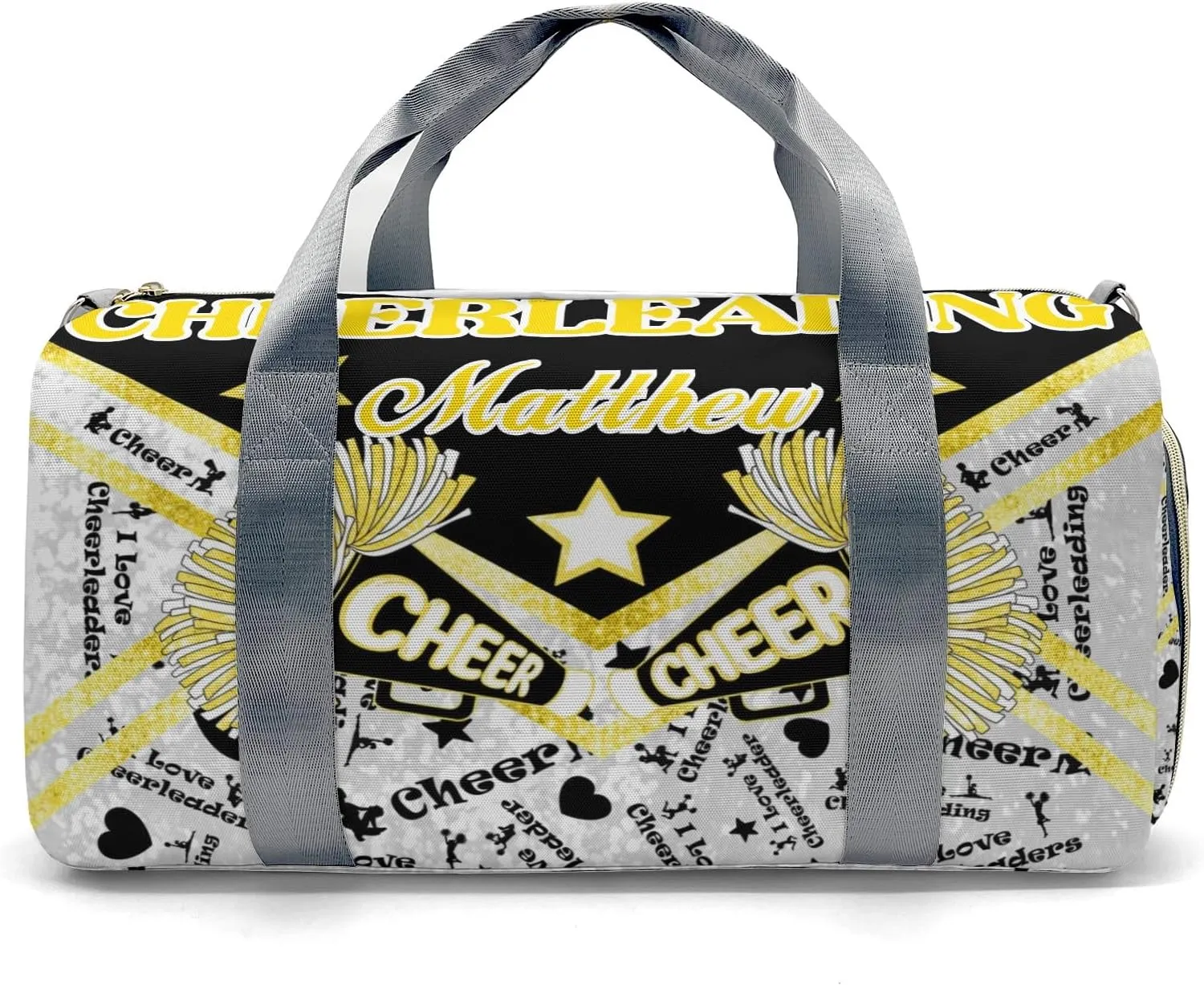 Custom Cheerleading Yellow Bling Print Duffel Bag with Name Child Kids Adjustable Shoulder Strap Travel Bag for Boys Girls Teens
