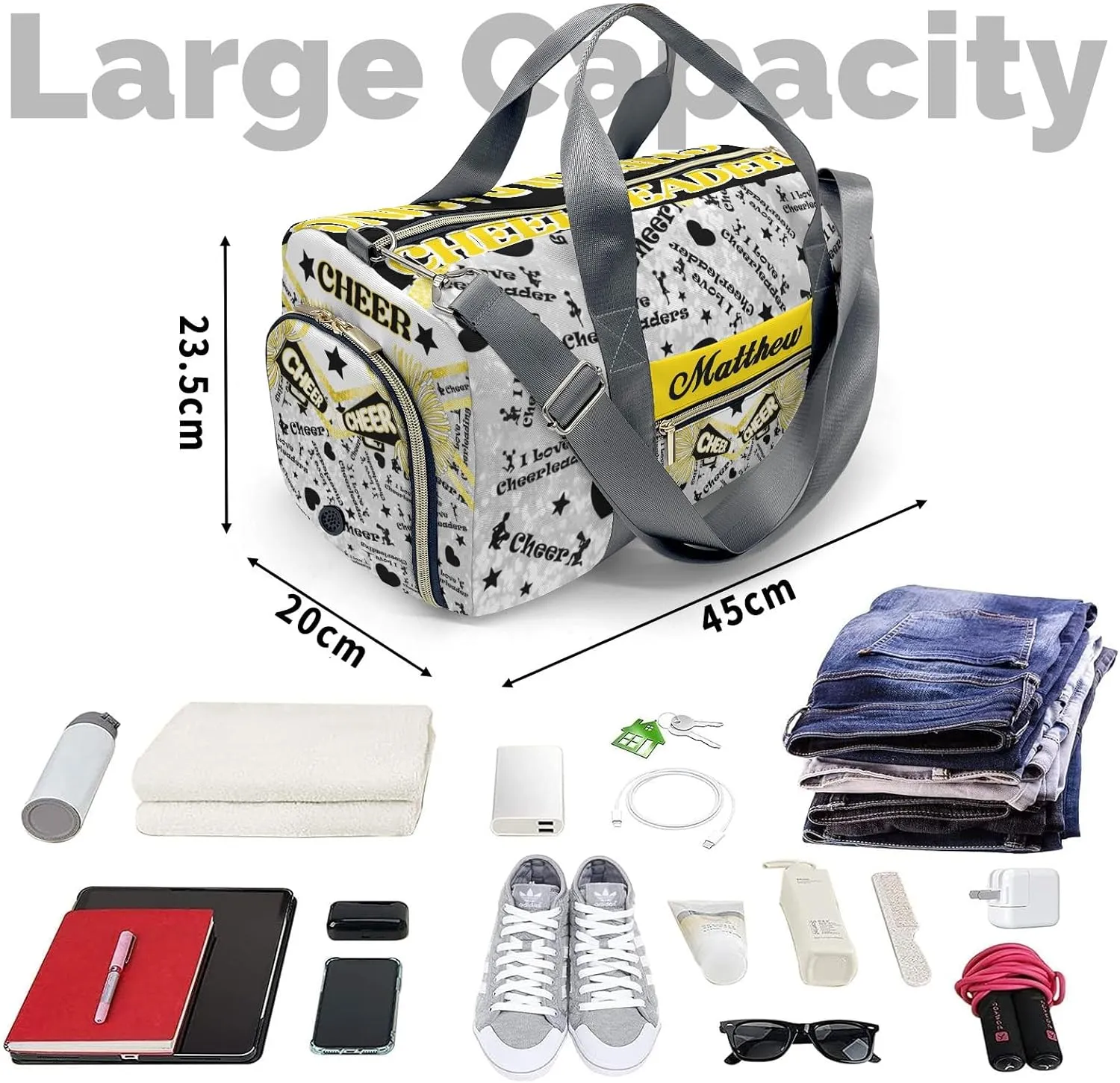 Custom Cheerleading Yellow Bling Print Duffel Bag with Name Child Kids Adjustable Shoulder Strap Travel Bag for Boys Girls Teens
